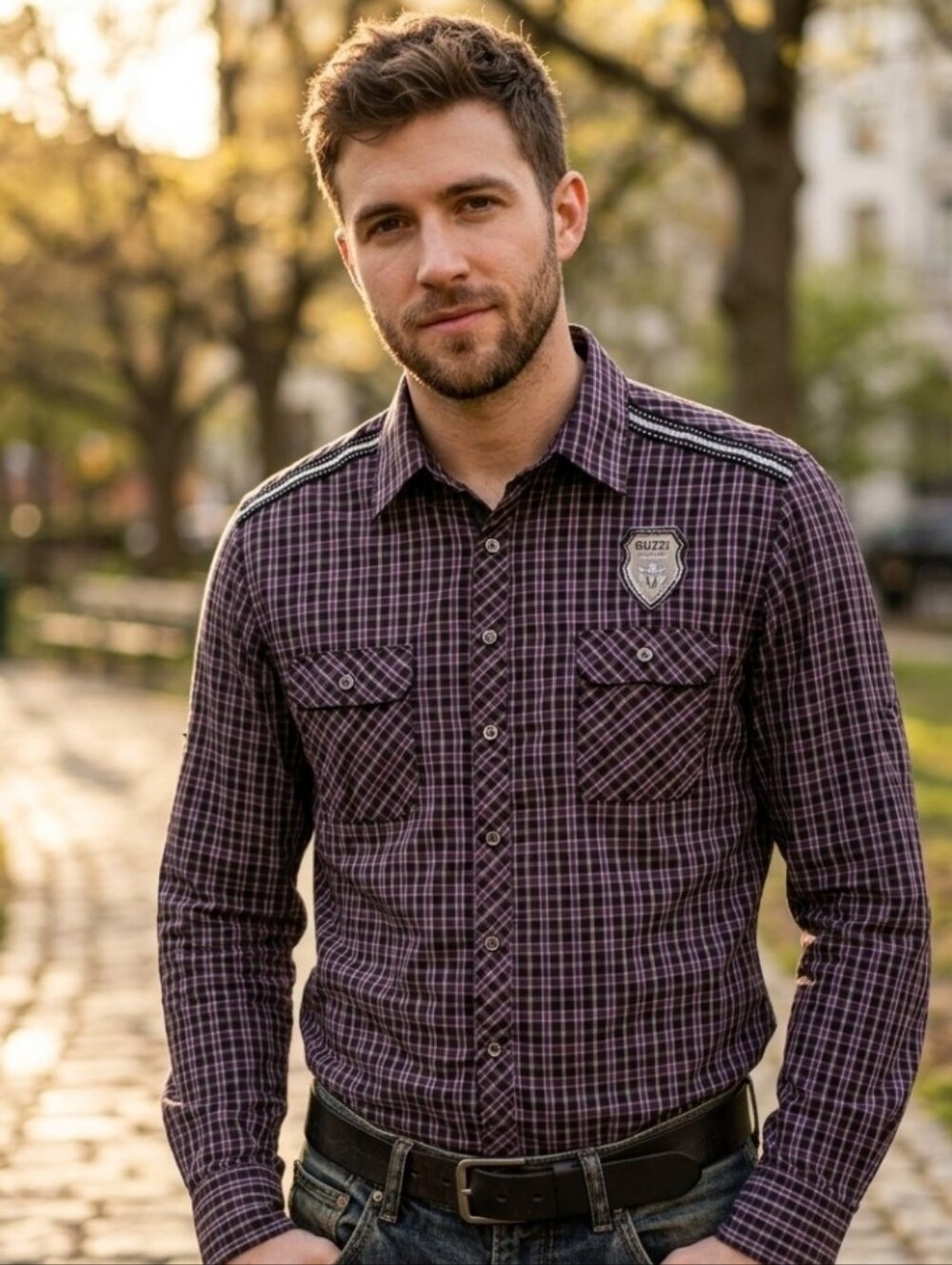 L👔Guerea Plaid Casual Button-Down Shirt with Badge